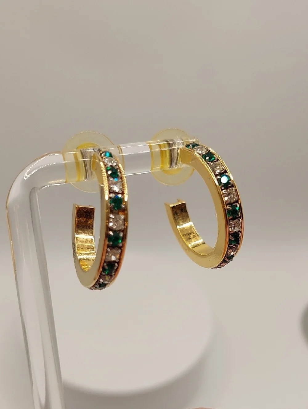 Bold Goldtone Hoop Earrings Channel-set Green & Clear Rhinestones EUC - Picture 3 of 6